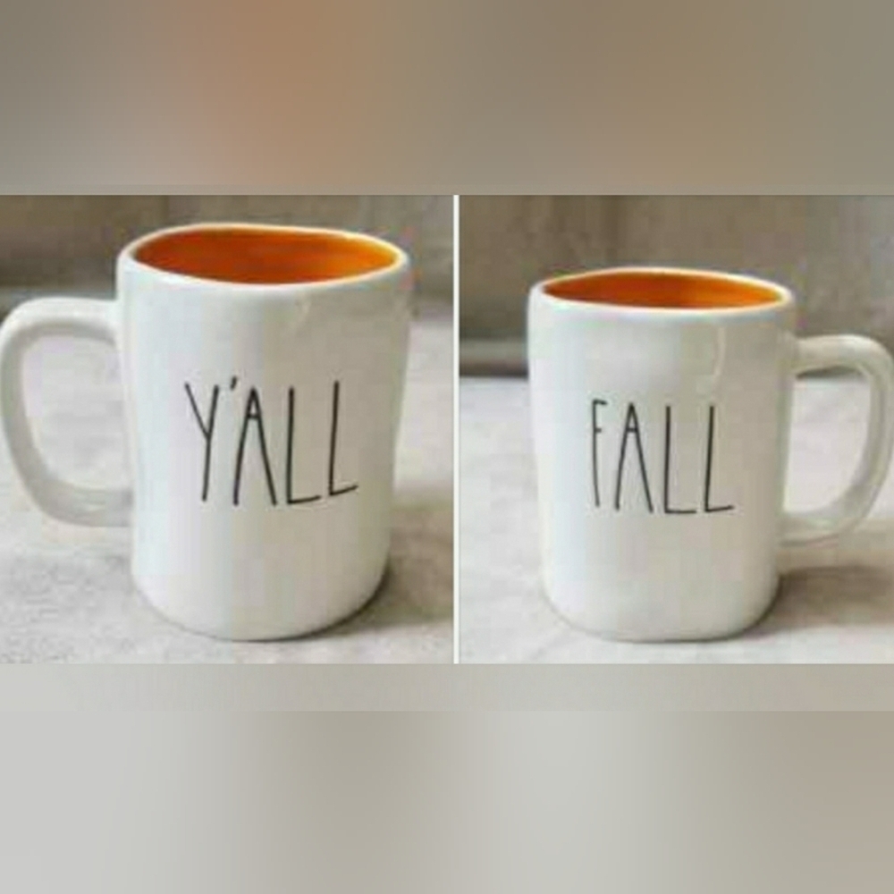 Rae Dunn Fall Y'all Double Sided Mug. Autumn. White with Orange Interior. NWT.